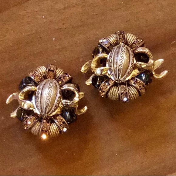 Vintage MCM Hattie Carnegie Amber Stones Gold Tone Clip Earrings